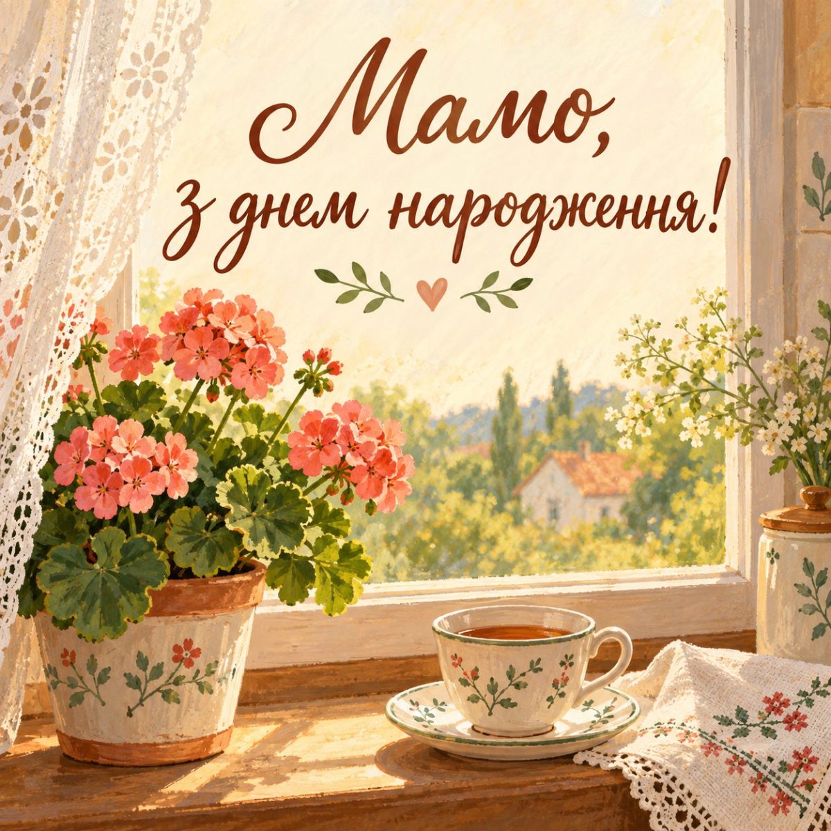 Листівка «Мамо, з днем народження!» з геранню на підвіконні і чашкою чаю