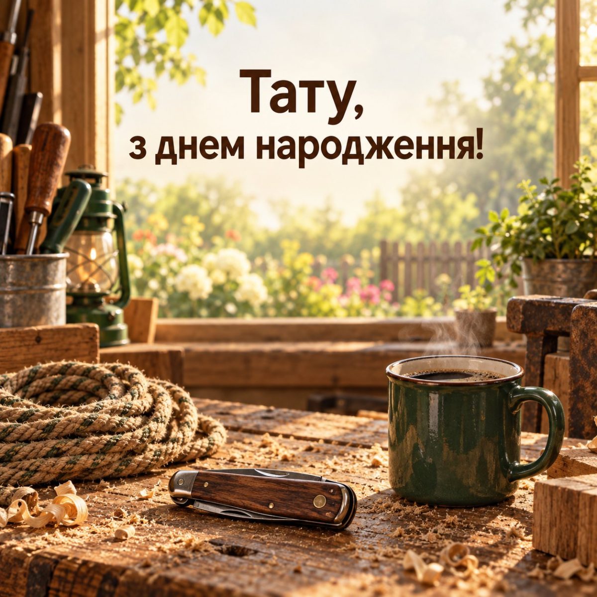 Листівка «Тату, з днем народження!» з верстаком, ножем, мотузкою і кавою