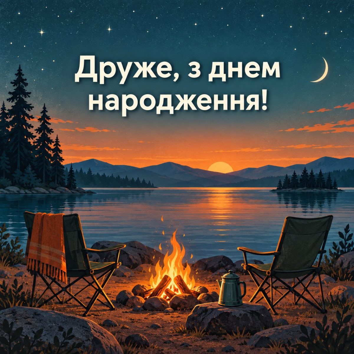 Листівка «Друже, з днем народження!» з багаттям і двома кріслами на березі озера