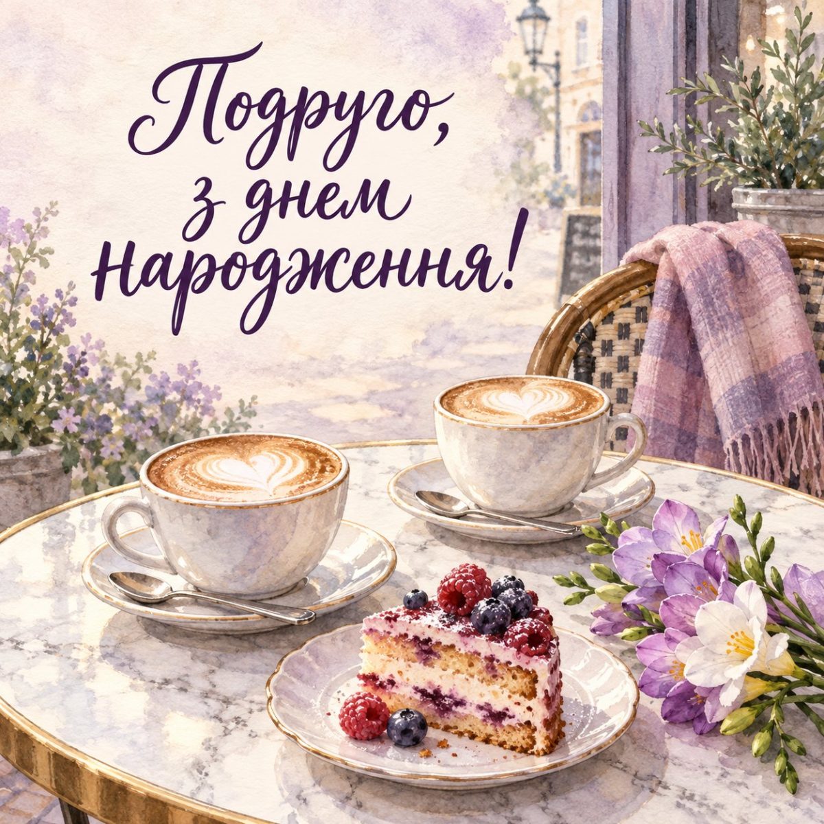 Листівка «Подруго, з днем народження!» з двома капучино, тортом і фрезіями