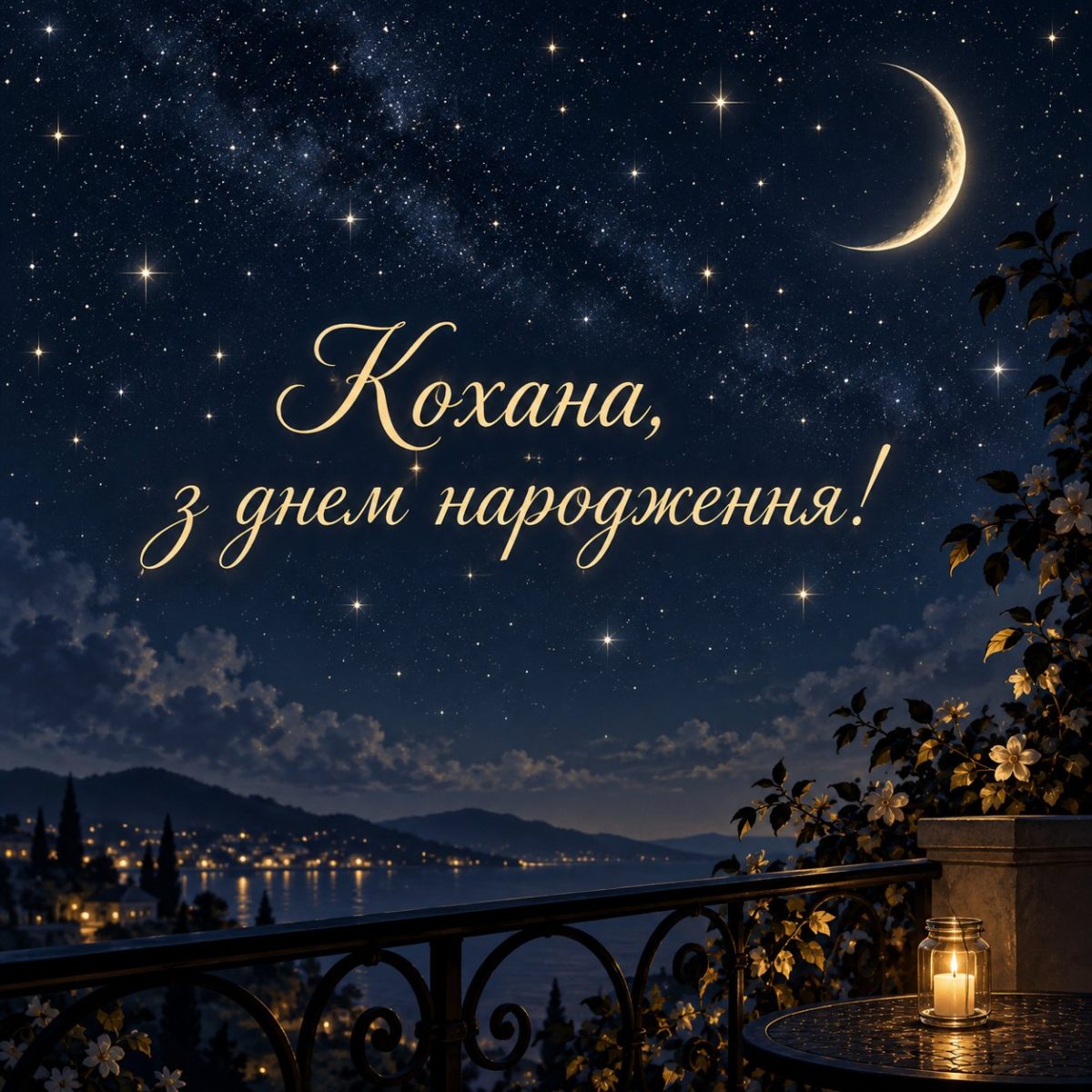 Листівка «Кохана, з днем народження!» із зоряним небом, місяцем і свічкою на балконі