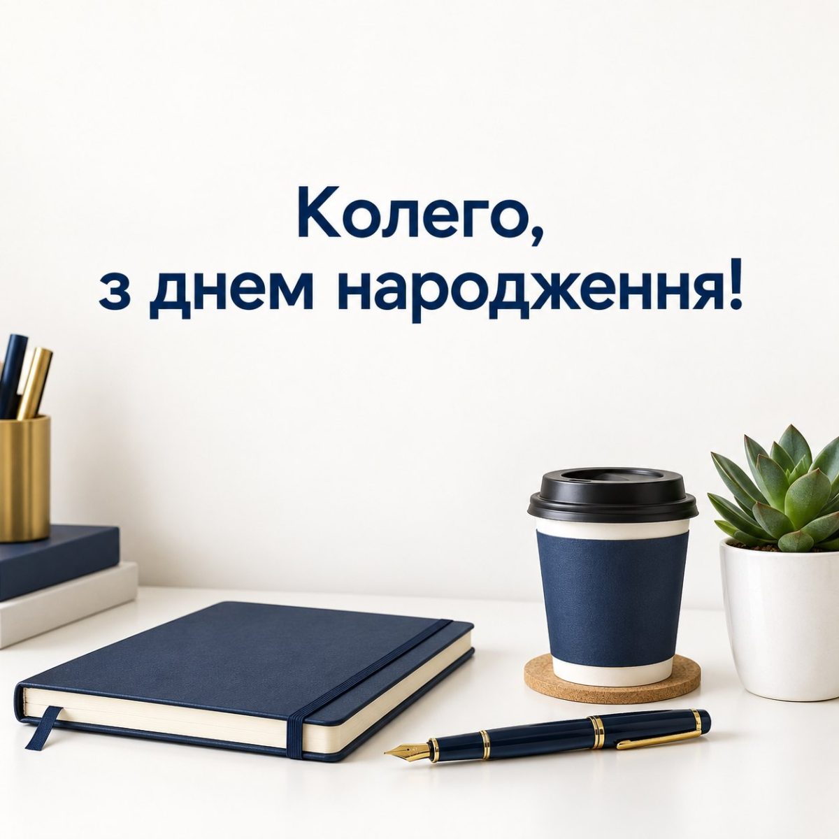 Листівка «Колего, з днем народження!» з блокнотом, ручкою, кавою і сукулентом