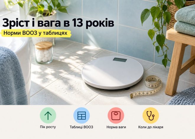 Обкладинка статті «Зріст і вага в 13 років» з підлоговими вагами та сантиметровою стрічкою