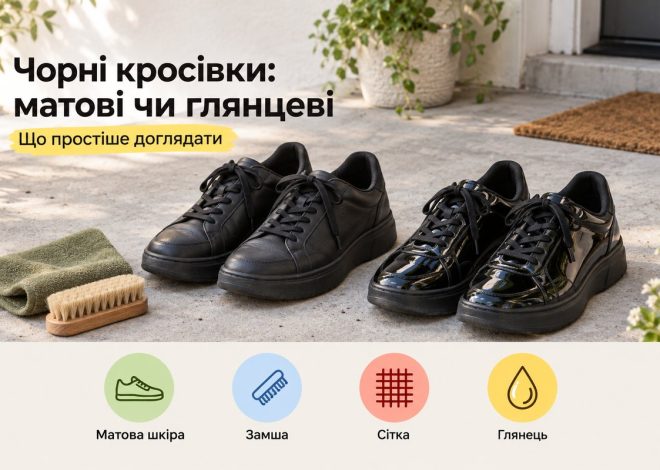 Обкладинка статті «Чорні кросівки: матові чи глянцеві» з двома парами чорних кросівок, щіткою та серветкою