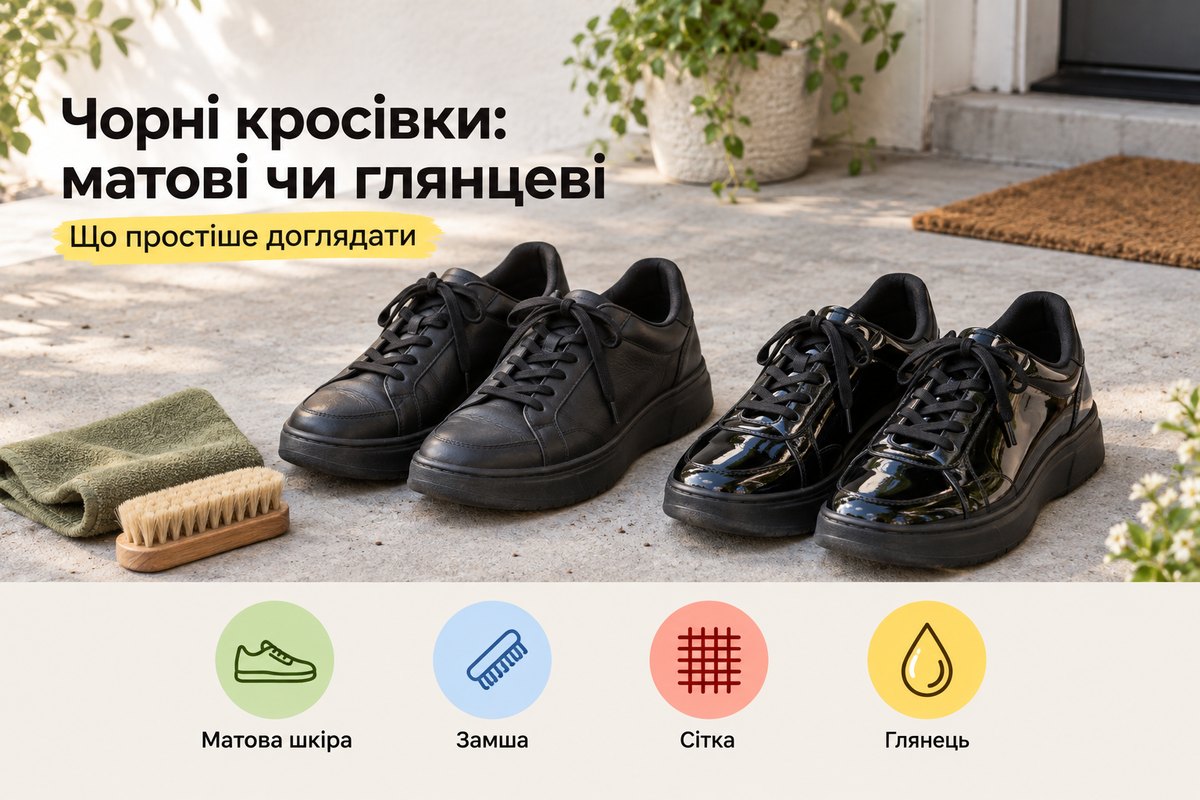 Обкладинка статті «Чорні кросівки: матові чи глянцеві» з двома парами чорних кросівок, щіткою та серветкою
