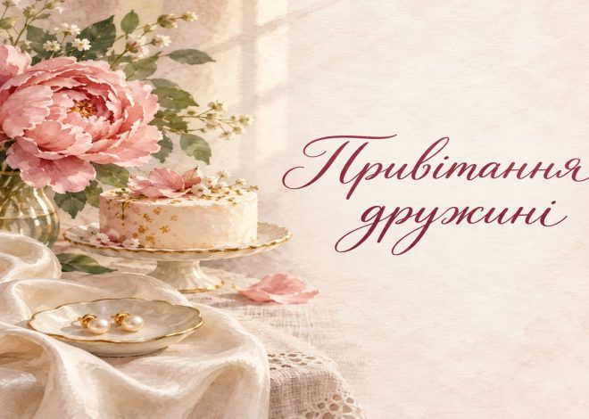 Листівка з написом «Привітання дружині» з перловими сережками, півонією і тортом