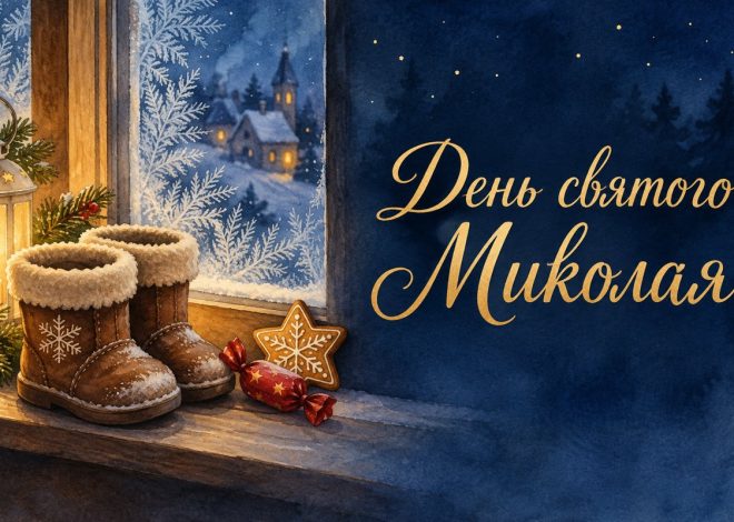 Листівка з написом «День святого Миколая» з дитячими черевичками на підвіконні