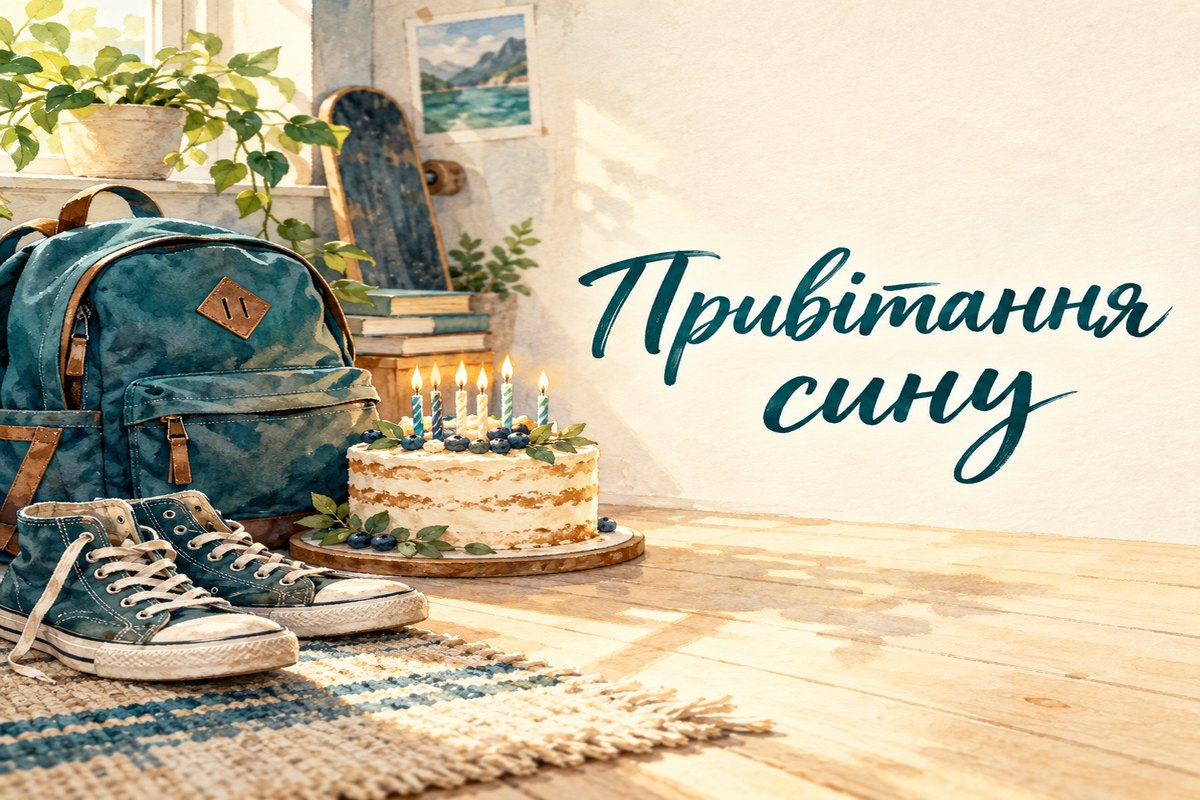 Листівка з написом «Привітання сину» з кедами, рюкзаком і тортом зі свічками