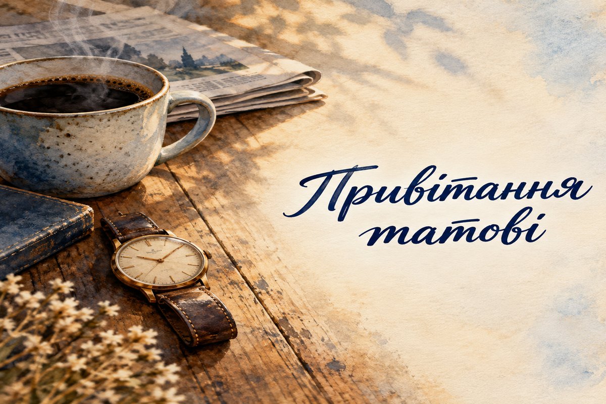 Листівка з написом «Привітання татові» з годинником, чашкою кави і газетою на столі