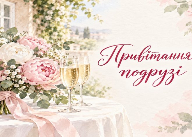 Листівка з написом «Привітання подрузі» з весільним букетом півоній і келихами