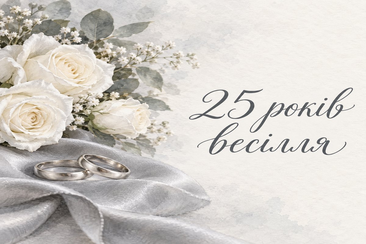 Листівка з написом «25 років весілля» з обручками на сірому шовку і білими трояндами