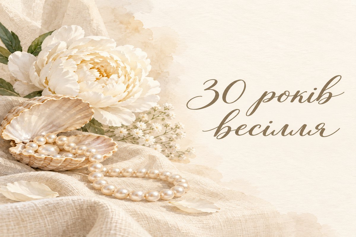Листівка з написом «30 років весілля» з перловим намистом, мушлею і білою півонією
