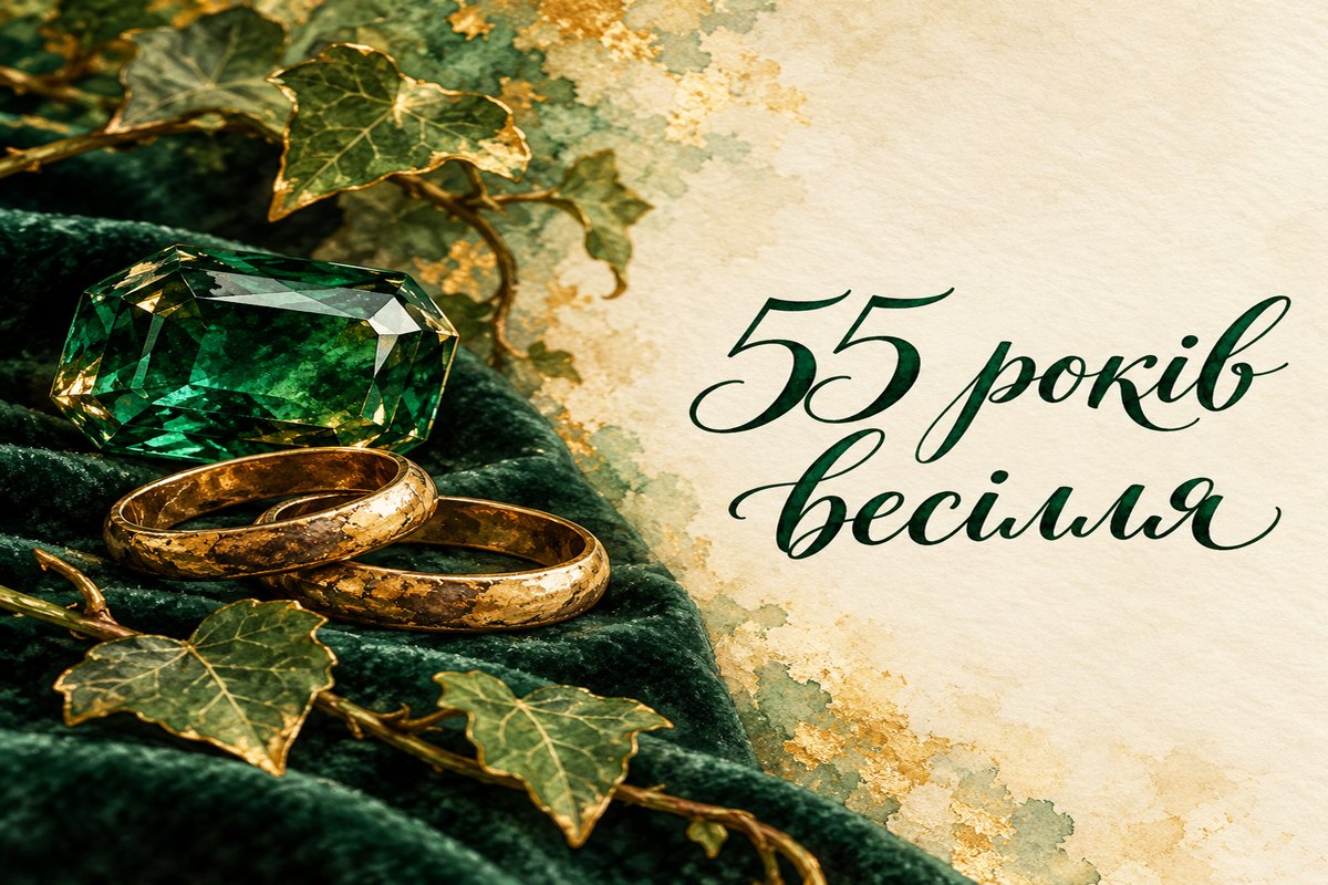Листівка з написом «55 років весілля» зі смарагдом, обручками і гілкою плюща