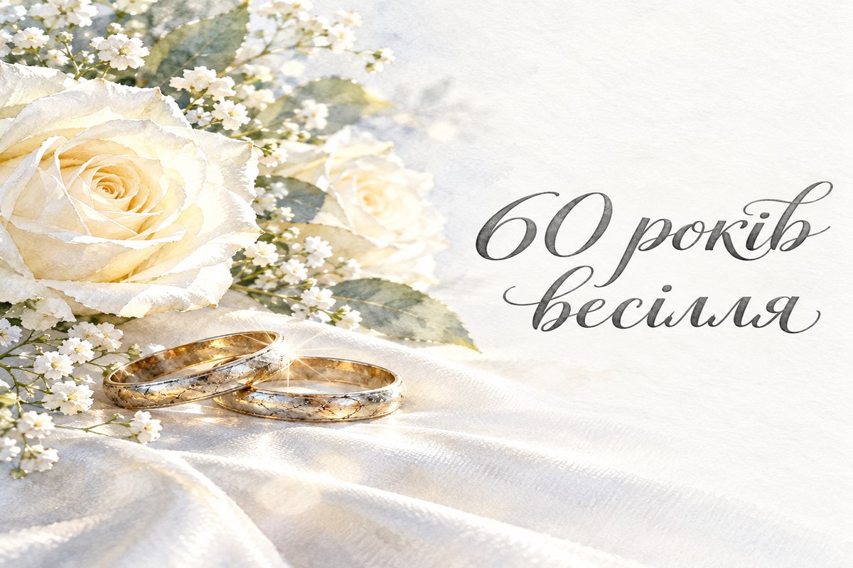 Листівка з написом «60 років весілля» з обручками на білому шовку і білими трояндами