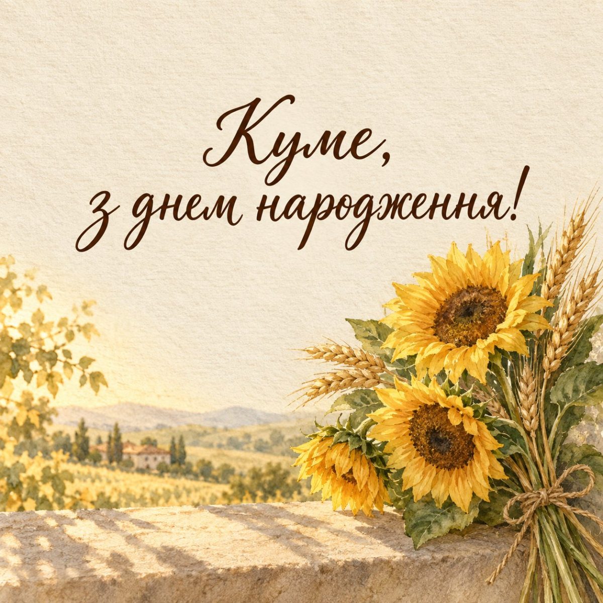 Листівка «Куме, з днем народження!» із соняшниками й колосками пшениці, акварель