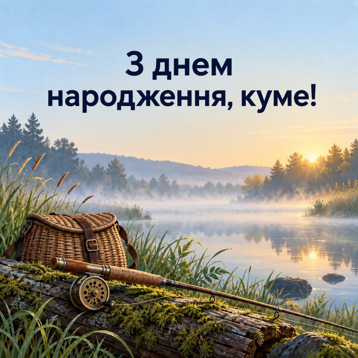 Листівка «З днем народження, куме!» з вудкою і кошиком на березі туманної річки