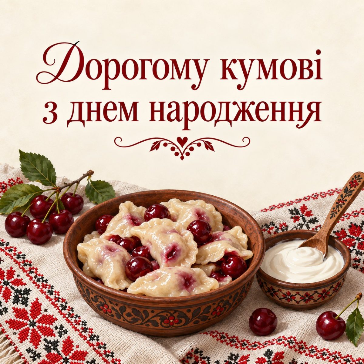 Листівка «Дорогому кумові з днем народження» з варениками з вишнями на вишитому рушнику