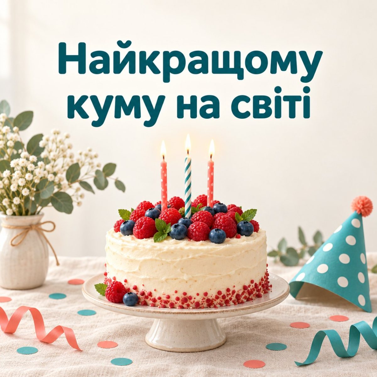 Листівка «Найкращому куму на світі» з тортом із ягодами і свічками