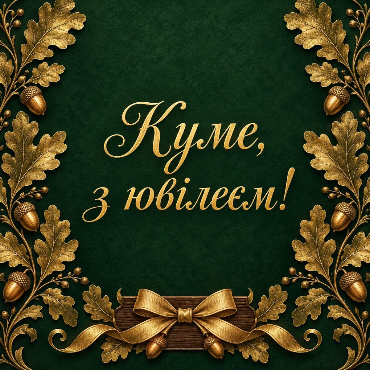 Листівка «Куме, з ювілеєм!» із золотим дубовим листям на зеленому тлі