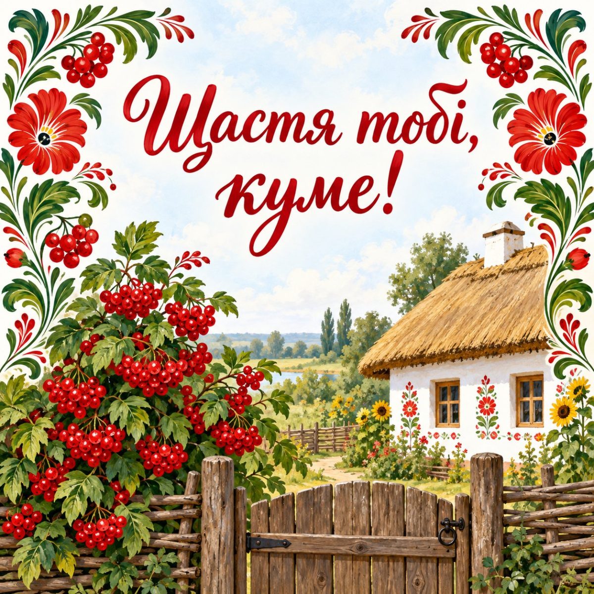 Листівка «Щастя тобі, куме!» з хатою, воротами і калиною в петриківському стилі
