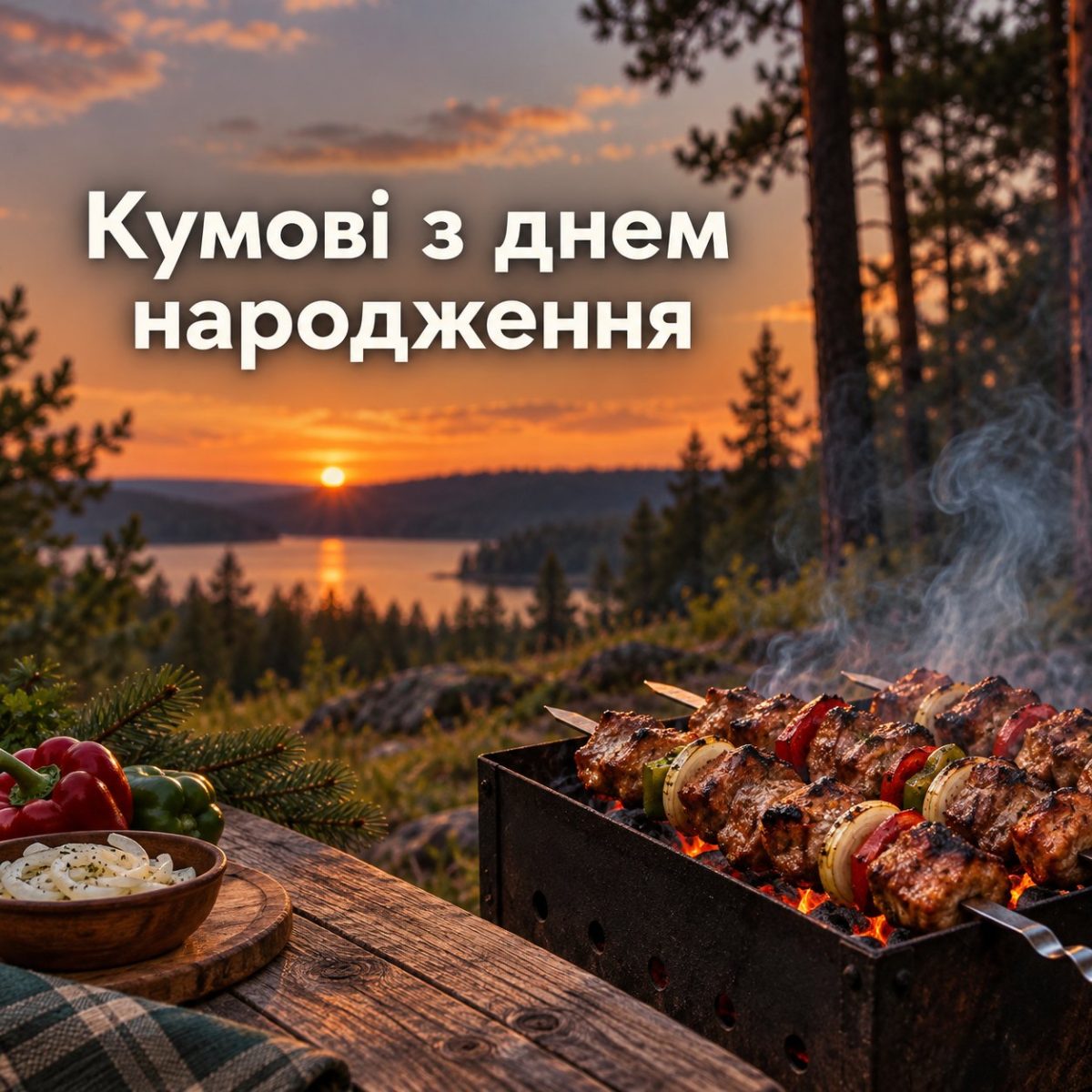 Листівка «Кумові з днем народження» з шашликом на мангалі на тлі вечірнього лісу