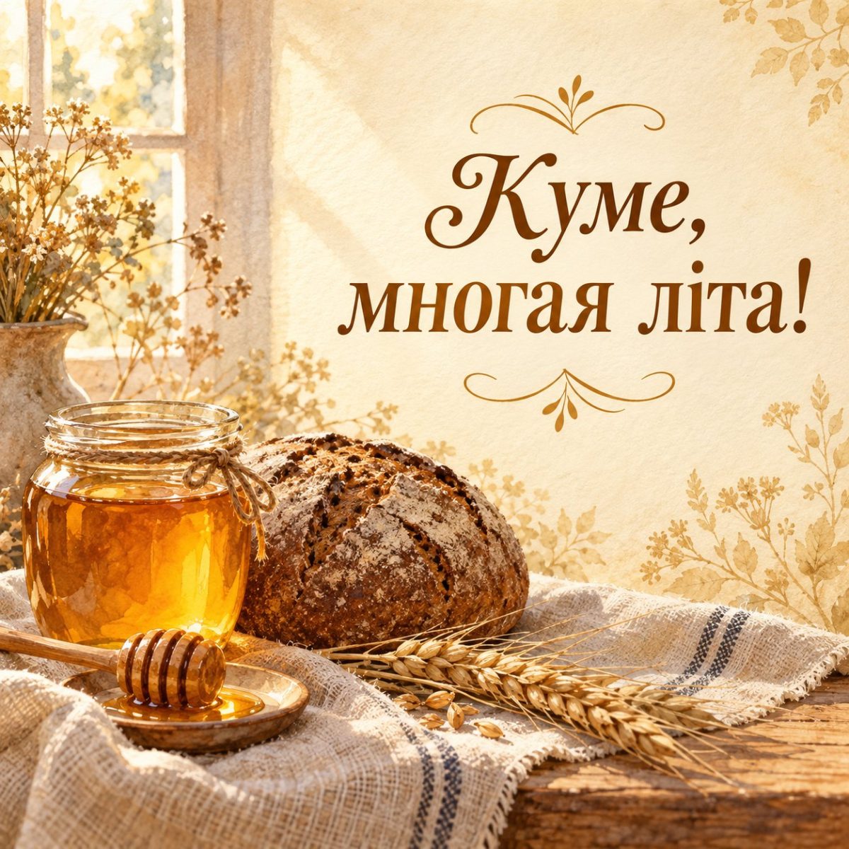 Листівка «Куме, многая літа!» з медом, хлібом і колосками на лляній скатертині