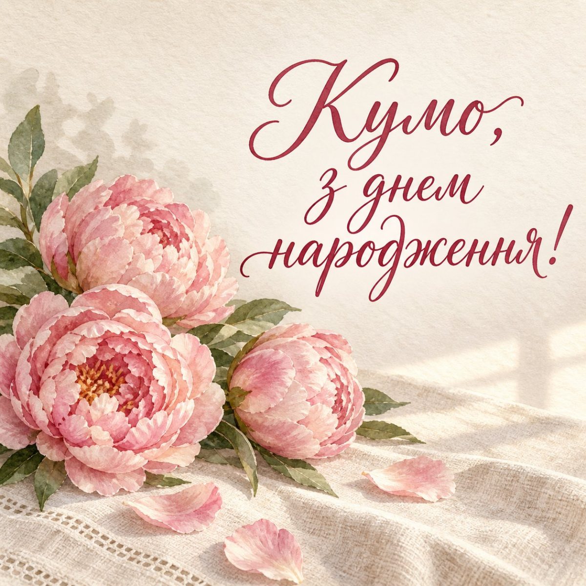 Листівка «Кумо, з днем народження!» з рожевими півоніями на лляній скатертині, акварель