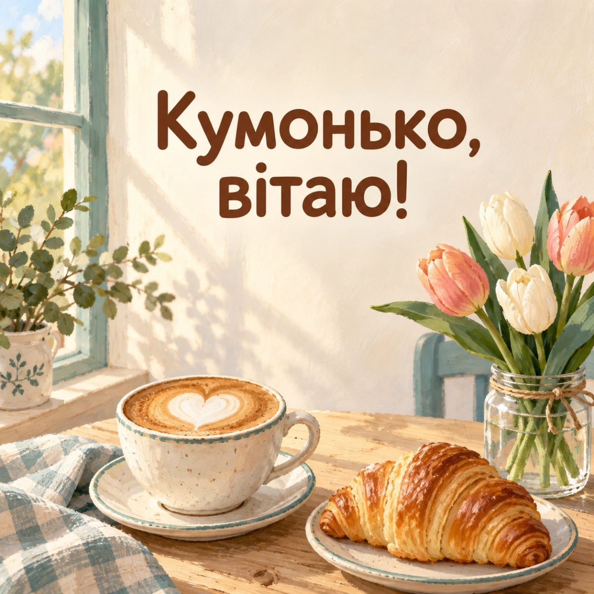 Листівка «Кумонько, вітаю!» з капучино, круасаном і тюльпанами біля вікна
