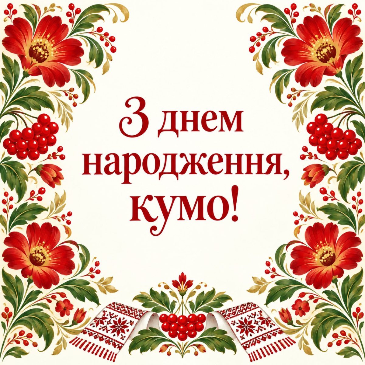 Листівка «З днем народження, кумо!» у рамці з петриківських квітів і калини