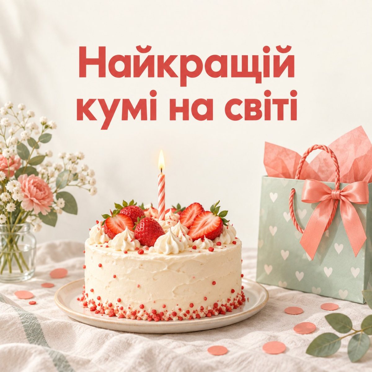 Листівка «Найкращій кумі на світі» з полуничним тортом, свічкою і подарунковим пакетом