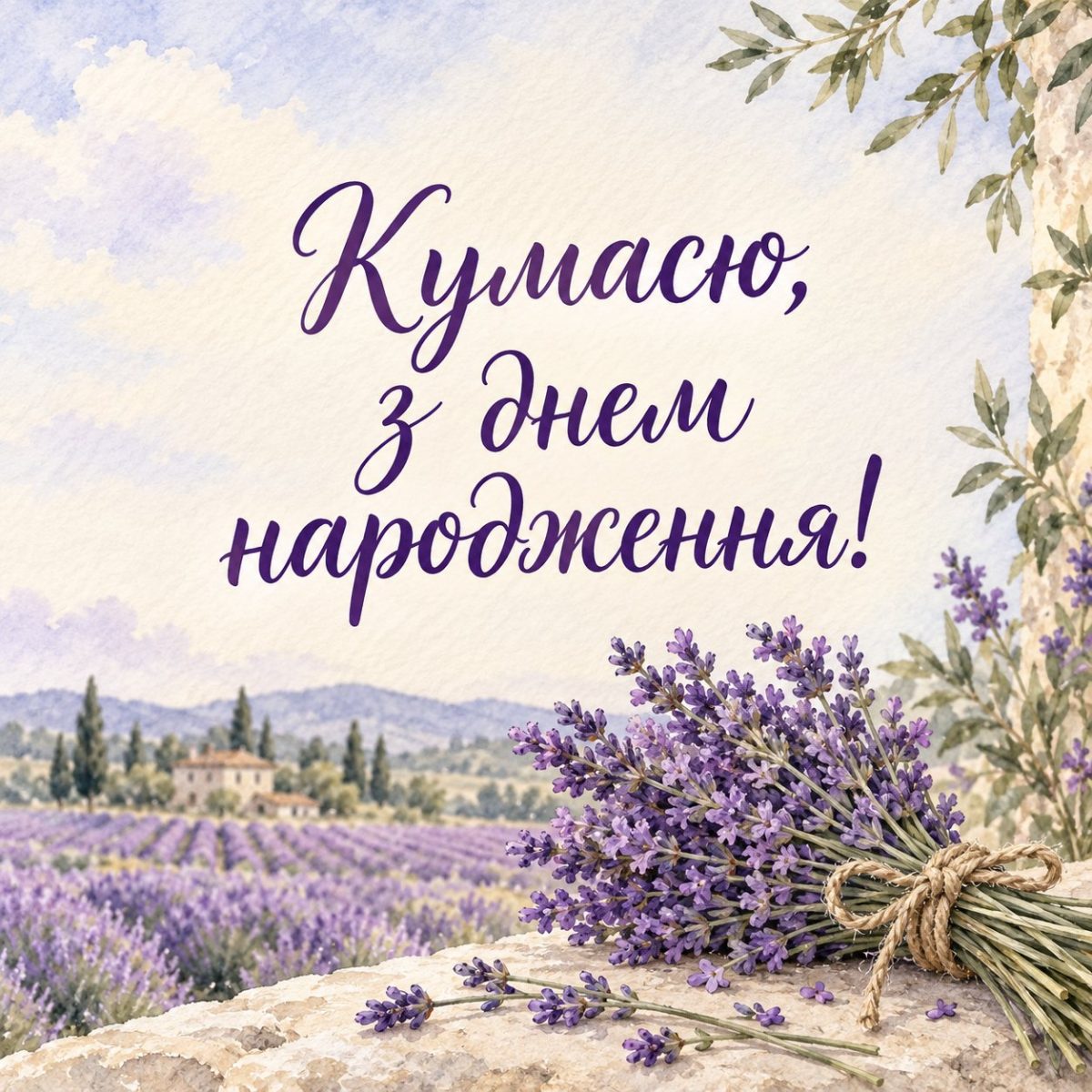 Листівка «Кумасю, з днем народження!» з букетом лаванди на тлі лавандового поля