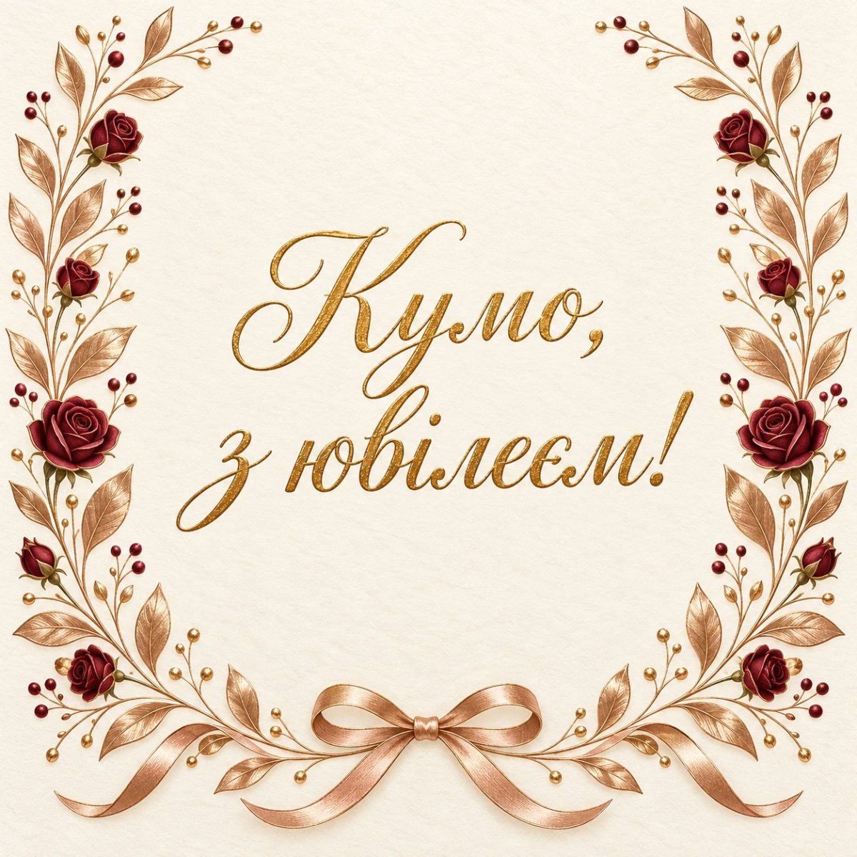 Листівка «Кумо, з ювілеєм!» у рамці з золотих гілочок і бордових троянд