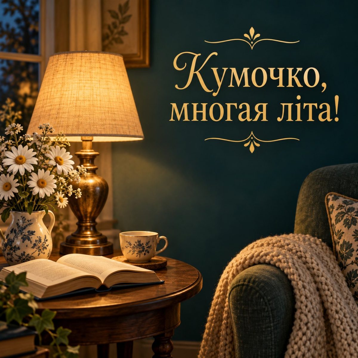 Листівка «Кумочко, многая літа!» з лампою, книжкою і ромашками на столику
