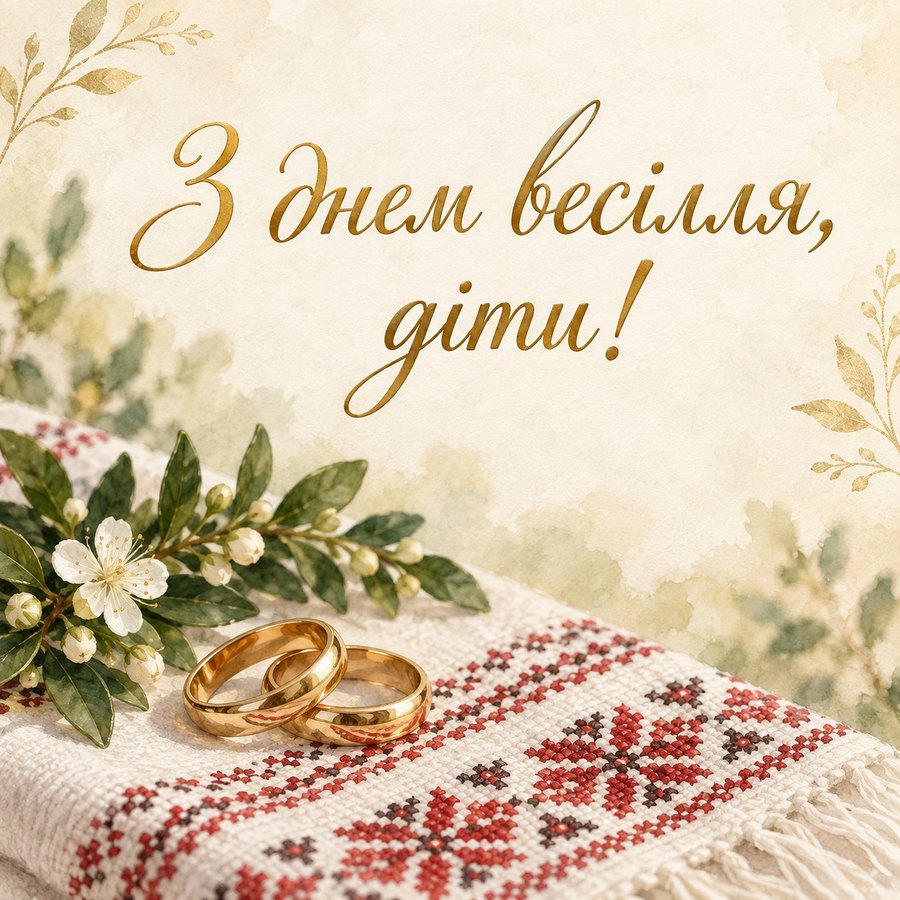 Листівка «З днем весілля, діти!» на весілля від батьків