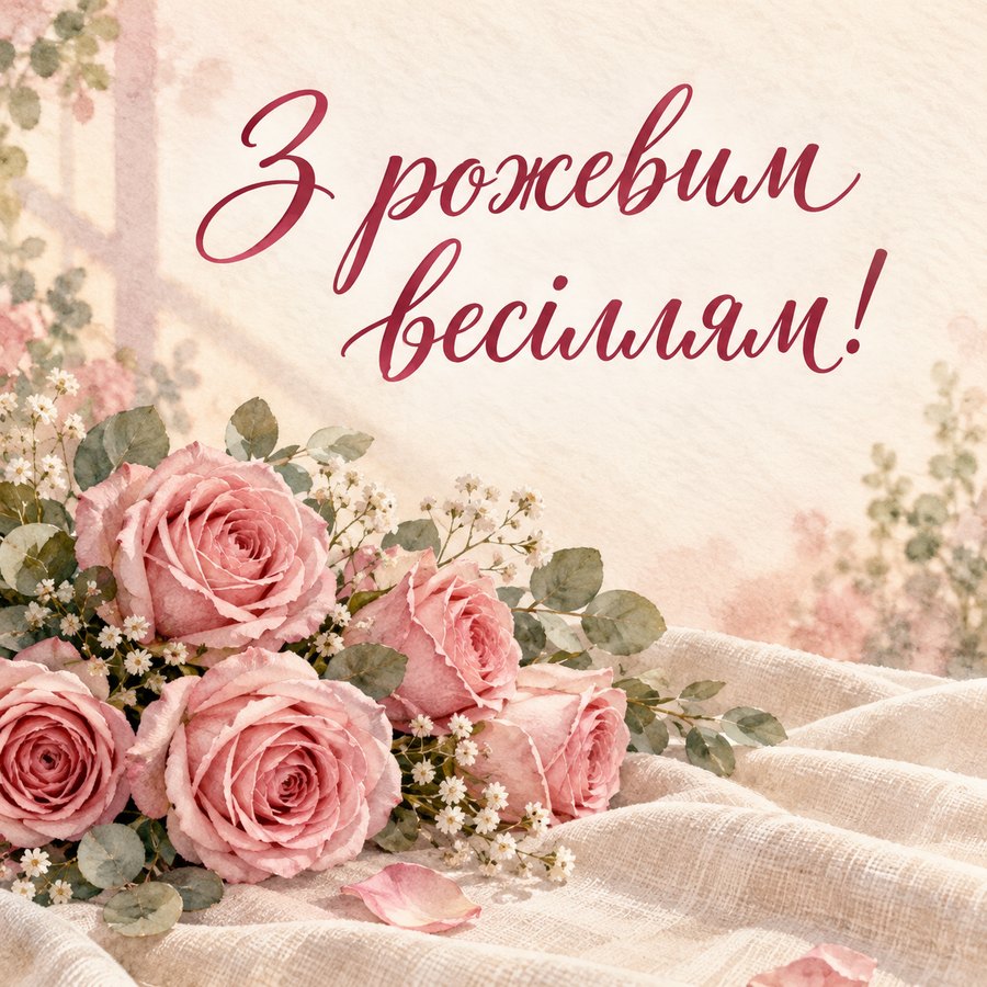 Листівка «З рожевим весіллям!» на 10 років весілля
