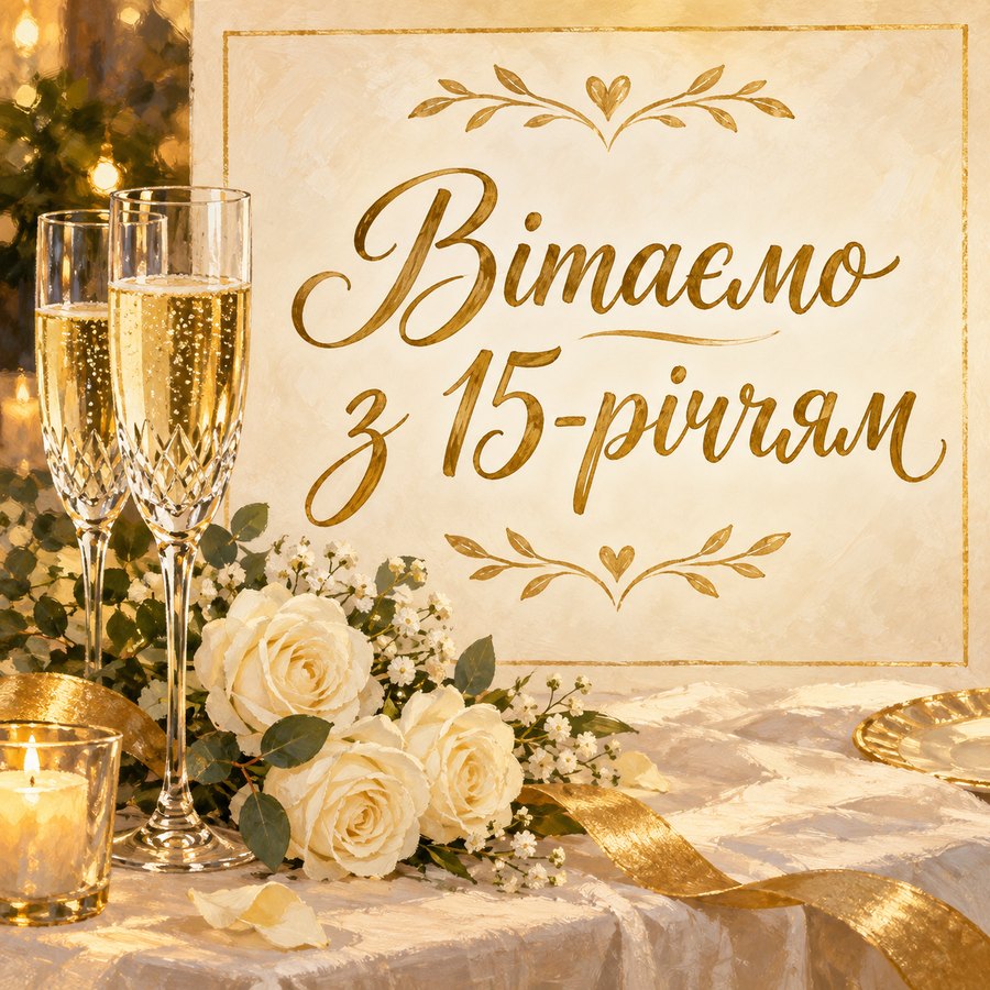 Листівка «Вітаємо з 15-річчям» на 15 років весілля