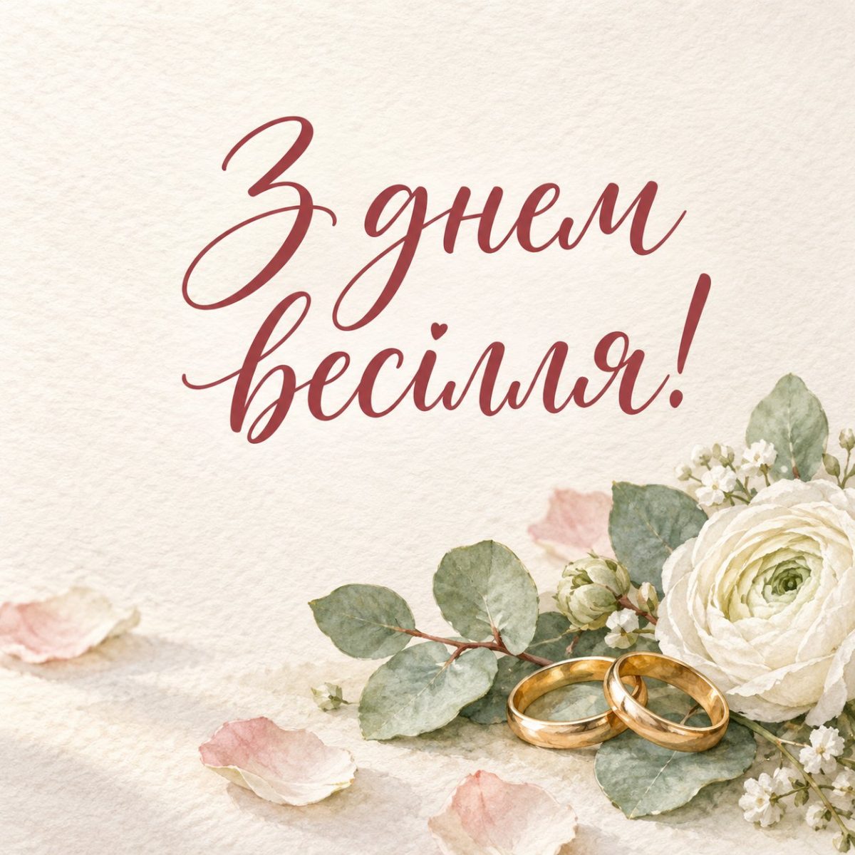 Листівка «З днем весілля!» з обручками на гілочці евкаліпта і ранункулюсом, акварель
