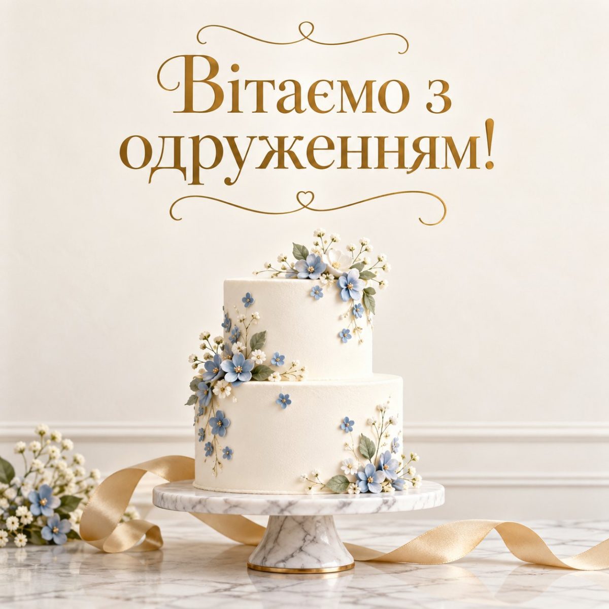Листівка «Вітаємо з одруженням!» з двоярусним білим тортом і блакитними квітами