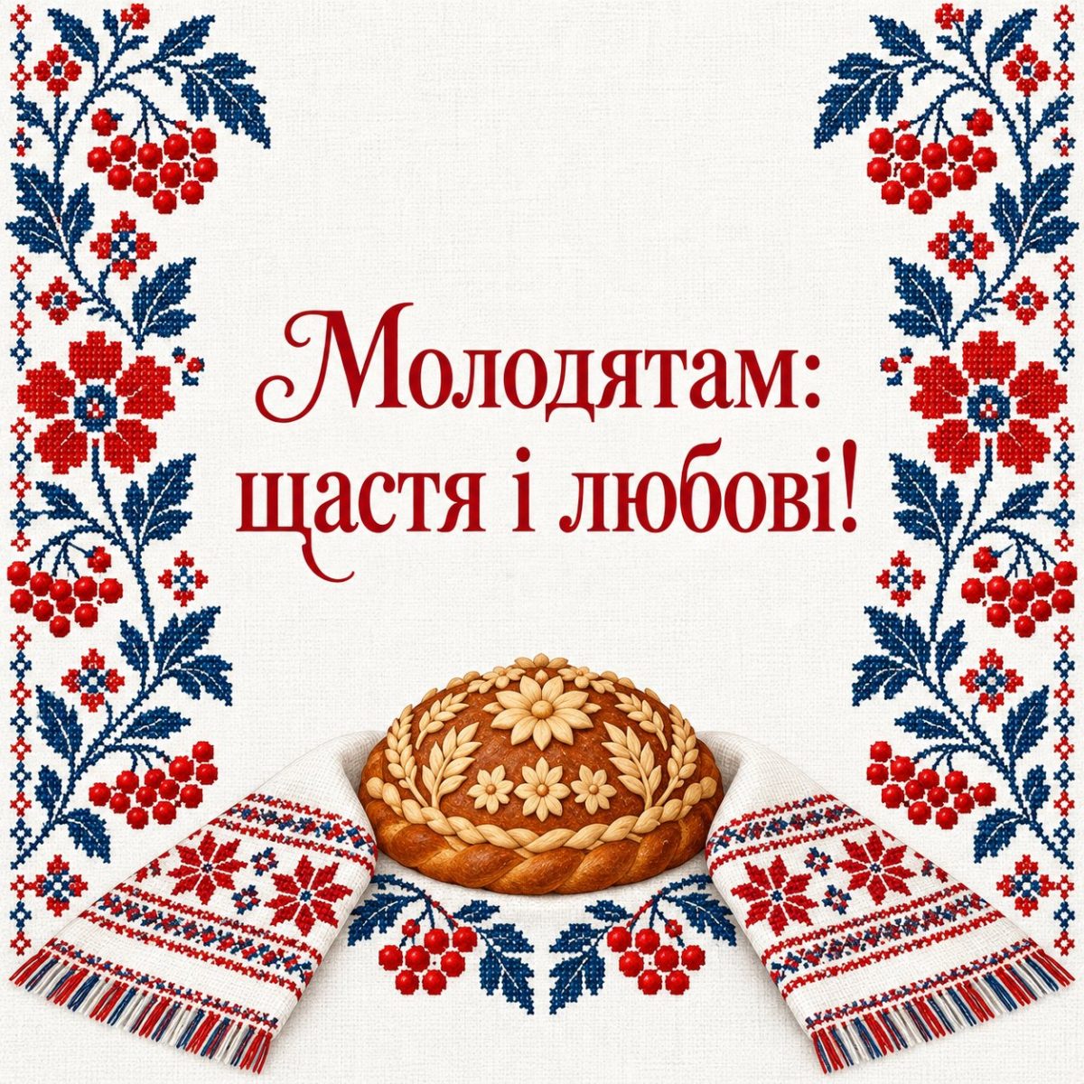 Листівка «Молодятам: щастя і любові!» у рамці з вишивки, з рушником і короваєм