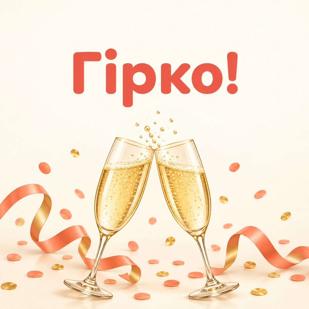 Листівка «Гірко!» з двома келихами шампанського і конфеті