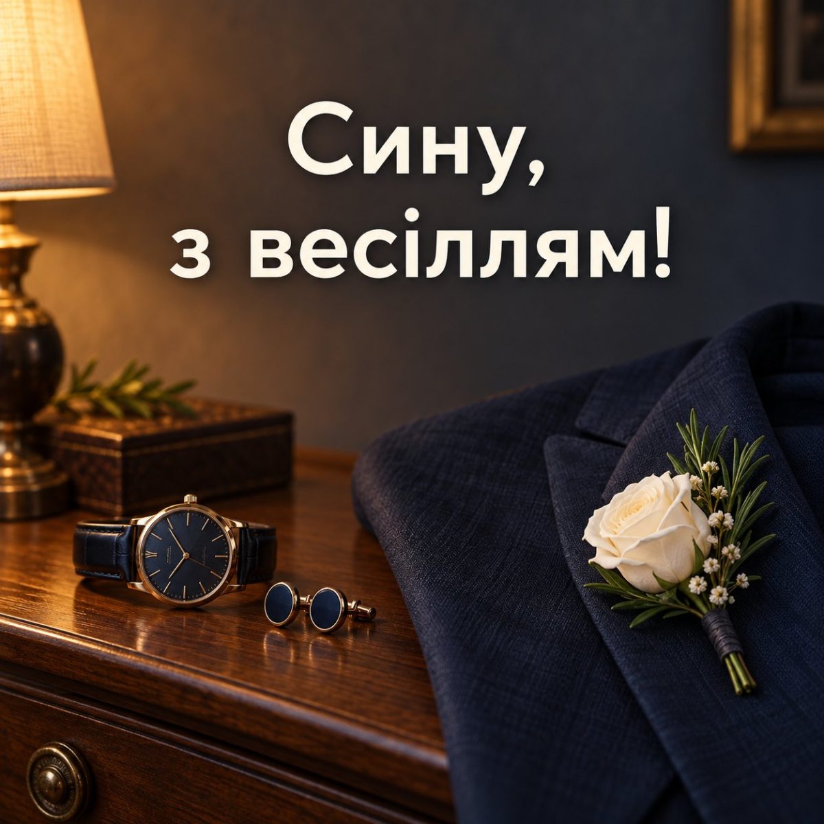 Листівка «Сину, з весіллям!» з бутоньєркою на лацкані, запонками і годинником