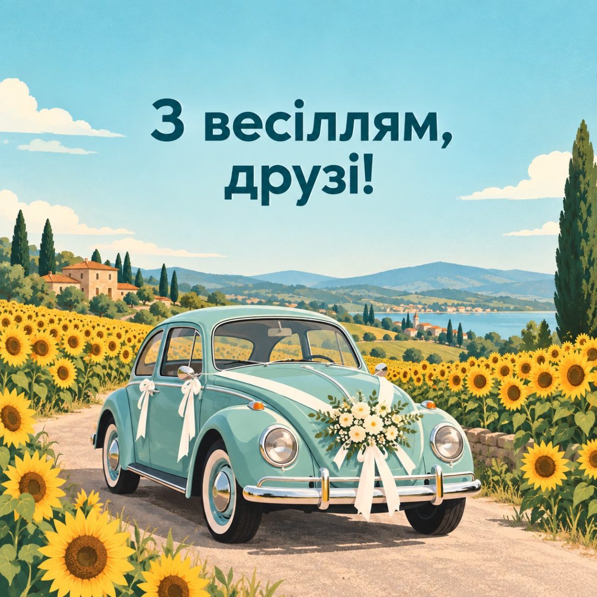 Листівка «З весіллям, друзі!» з ретро-автомобілем у стрічках серед соняшників