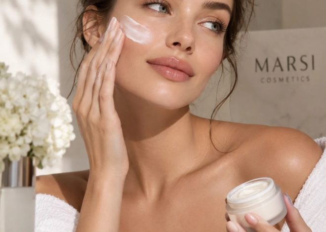 Woman applying facial moisturizer to her cheek from a jar; Marsi Cosmetics logo in the background.