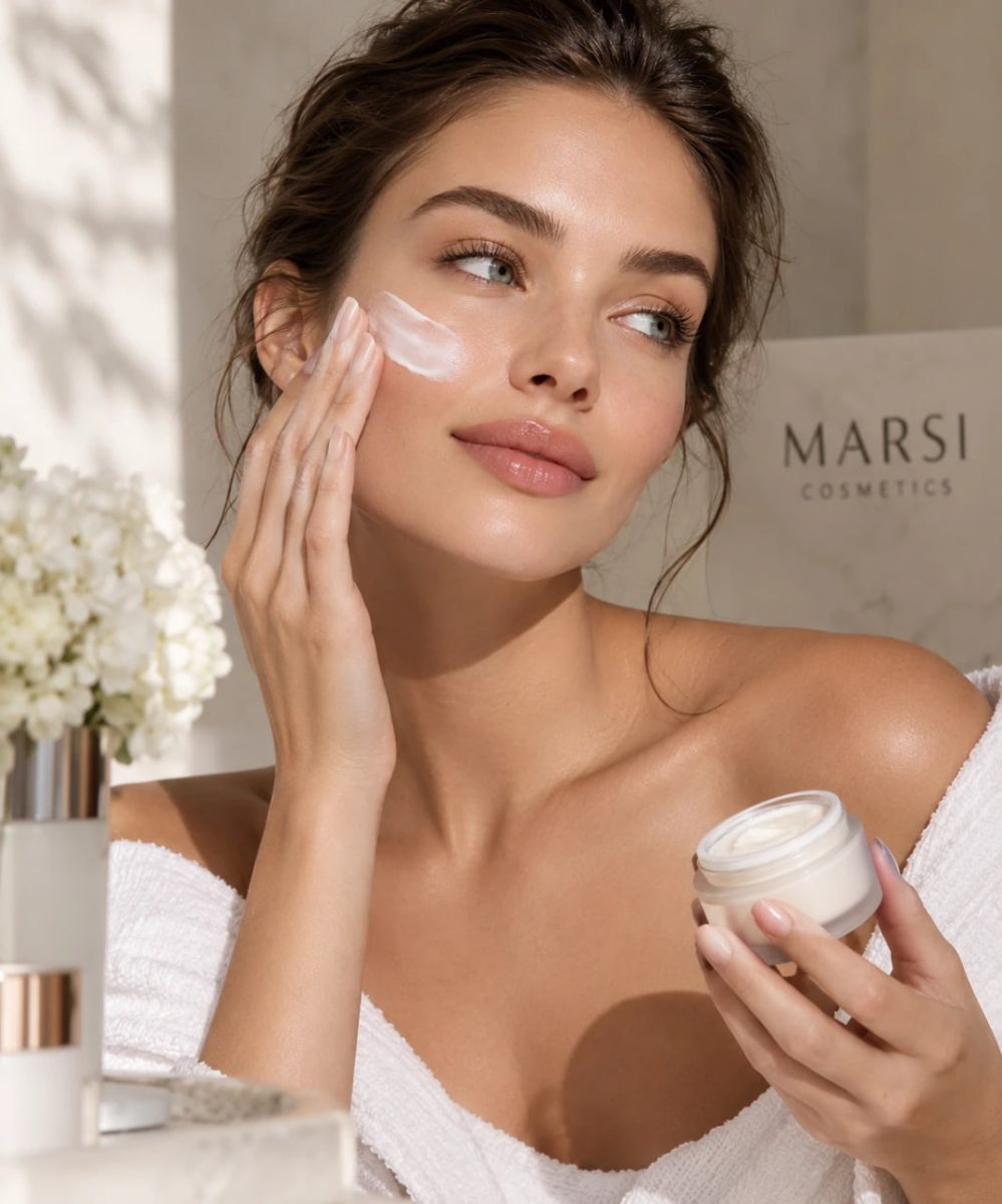 Woman applying facial moisturizer to her cheek from a jar; Marsi Cosmetics logo in the background.