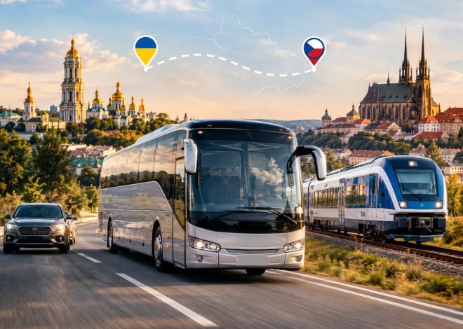 Intercity travel scene showing a silver bus on a highway beside a car, with a blue train on a track and city landmarks in the background; route markers with Ukraine and Czech flags hover above.