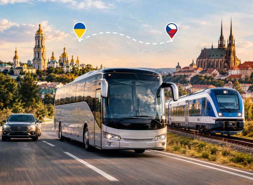 Intercity travel scene showing a silver bus on a highway beside a car, with a blue train on a track and city landmarks in the background; route markers with Ukraine and Czech flags hover above.