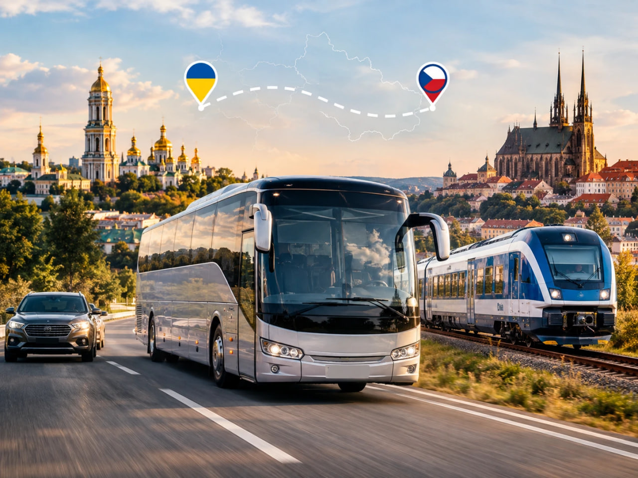 Intercity travel scene showing a silver bus on a highway beside a car, with a blue train on a track and city landmarks in the background; route markers with Ukraine and Czech flags hover above.