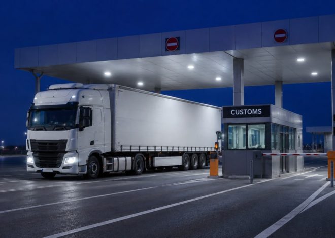 White semi-truck waiting at a customs checkpoint under a blue evening sky with a lit canopy above the booth.