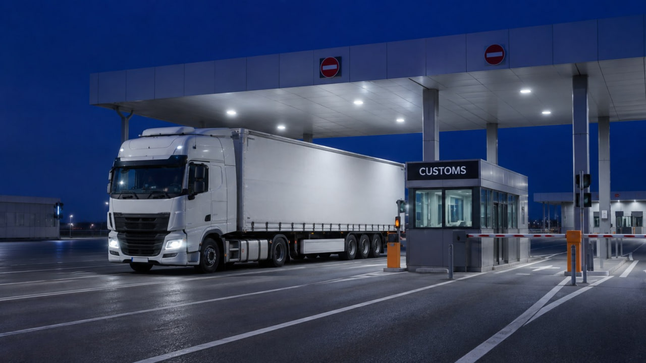 White semi-truck waiting at a customs checkpoint under a blue evening sky with a lit canopy above the booth.