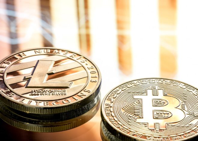 Close-up of Litecoin and Bitcoin coins stacked on a glossy surface with warm lighting, highlighting crypto symbols.